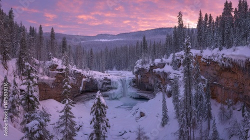 Serene Winter Landscape with Frozen Waterfall and Snow-Covered Trees at Dawn