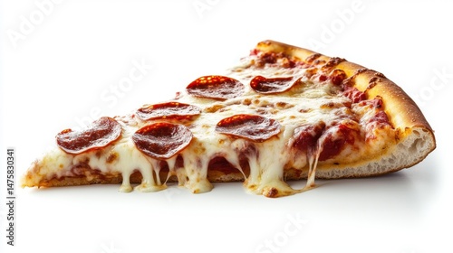 A delicious pepperoni pizza slice with melted cheese stretching,