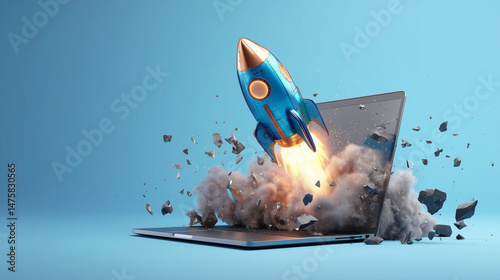  ノートパソコンから飛び出すロケットと爆発エフェクトビジネス爆上げ