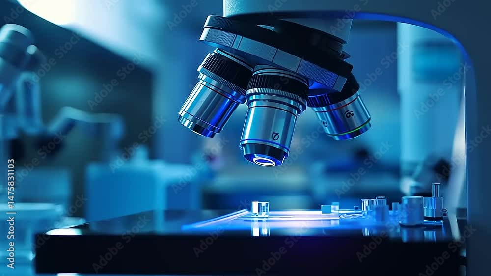 Close-up of a modern microscope analyzing samples in a high-tech laboratory with blue lighting effects
