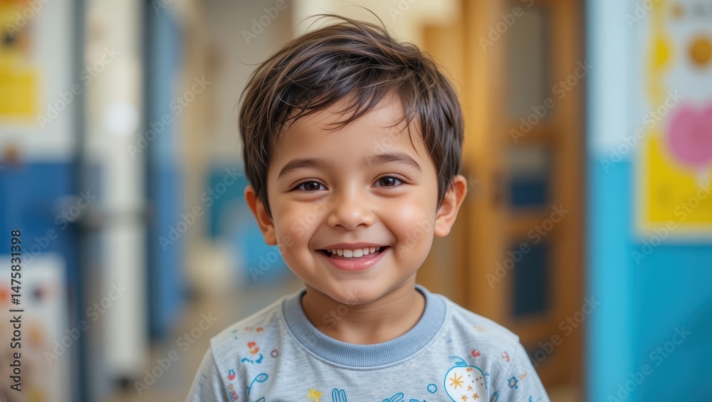 Happy Young Boy Smiling Cheerfully in Bright Indoor Environment at School Happy Young Boy Smiling Cheerfully in Bright Indoor Environment at School