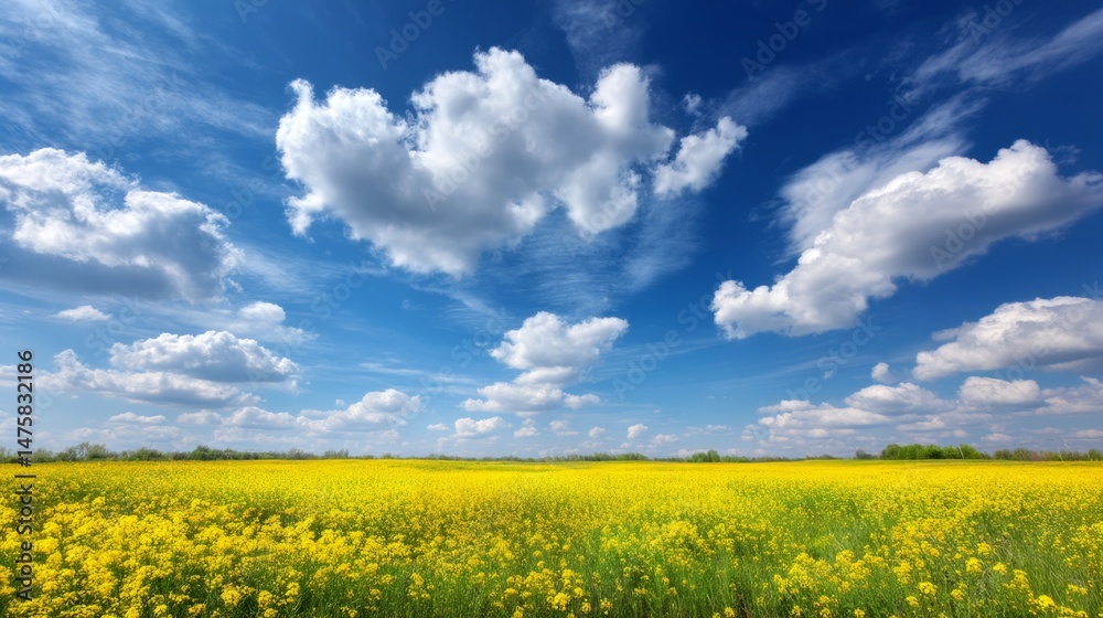 Vibrant Yellow Flower Field Under a Bright Blue Sky with Fluffy White Clouds at Midday in a Scenic Rural Landscape Vibrant Yellow Flower Field Under a Bright Blue Sky with Fluffy White Clouds at Midday in a Scenic Rural Landscape