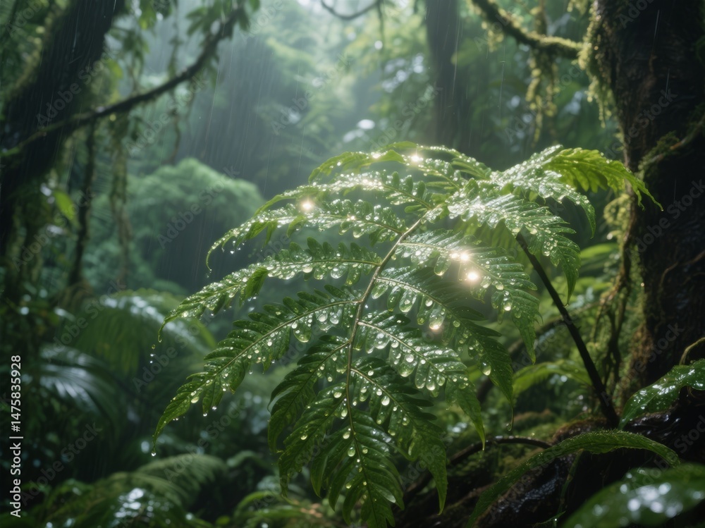 Obraz premium Raindrop Jewels on Fern Leaf in Lush Forest: Macro Nature Photography with Water Droplets, Rainy Atmosphere for Ecology Posters, Wallpaper Designs or Environmental Awareness Projects. Fresh Botanical 