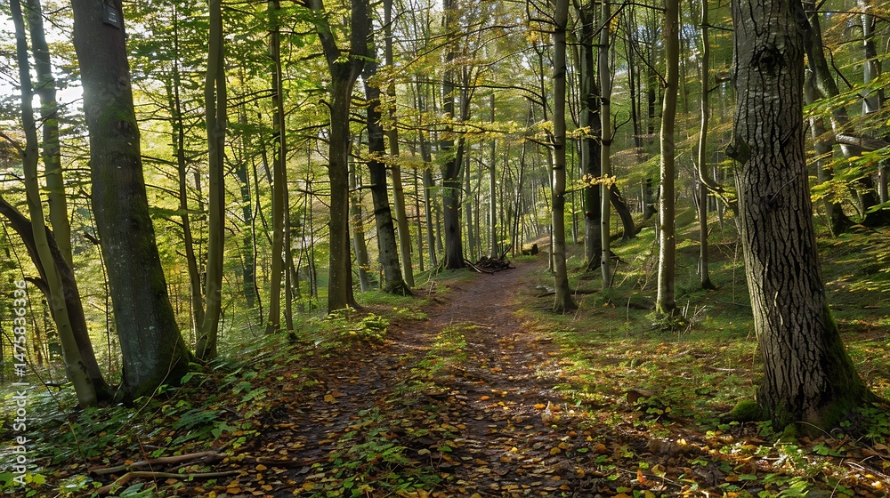 Fototapeta premium Sunlit Forest Path Through Dense Trees and Fallen Autumn Leaves Creating Scenic Woodland Trail