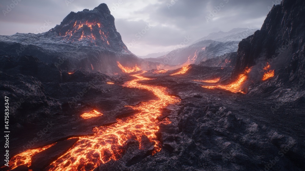 Fototapeta premium Dramatic landscape with flowing lava and mountains