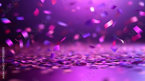 Vibrant purple confetti falling on a dark surface.