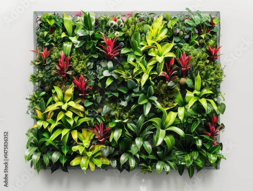 Contemporary vertical garden wall shows geometric plant arrangements, simple color blocks in flat design style, photographic isolated view. photo