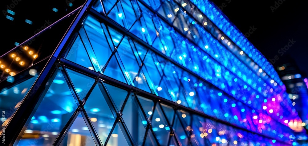 Fototapeta premium Futuristic illuminated glass facade in an urban environment at night