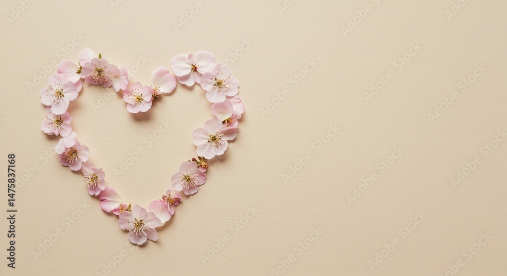 Obraz premium Floral heart shape design with pink cherry blossom flowers for valentine's day love concept art