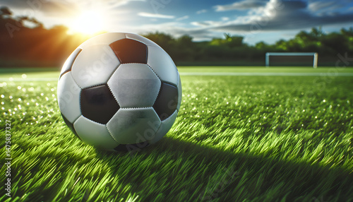 Soccer Ball on Sunset-Lit Green Field with Goal in Background