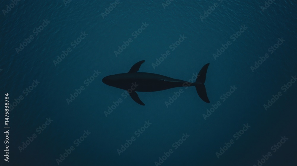 Obraz premium A lone orca swims gracefully in deep blue ocean water, viewed from above.