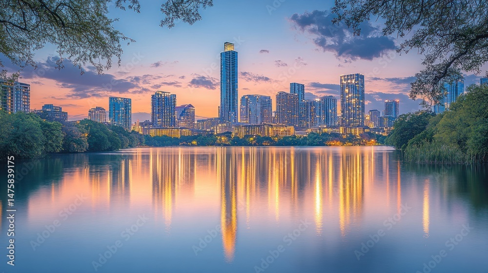 Fototapeta premium City skyline reflected in a calm lake at sunset