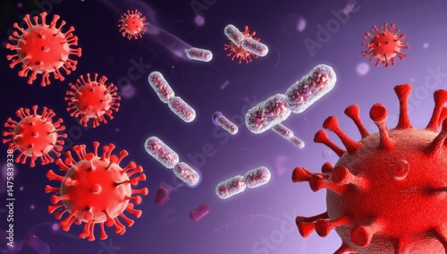 A medical illustration of red virus particles and rod-shaped bacteria floating in a purple space, symbolizing infection, disease, and microbiology. The concept healthcare, medicine, and antibiotics.
