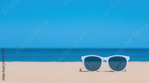 White sunglasses on sandy beach with blue sea and clear sky in the background.