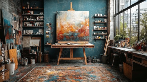 Vibrant art studio with paint supplies, canvas, and a textured rug in a spacious room