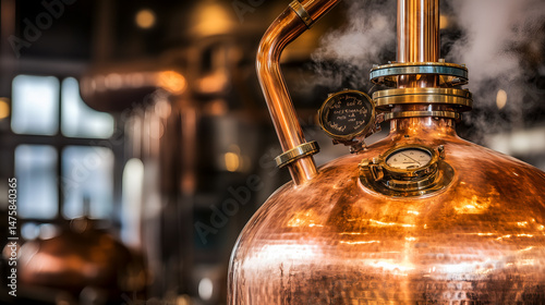 Copper still with steam rising, distilling process, alcohol production 