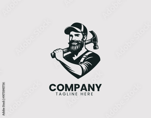 Smiling Young Carpenter Beard Holding Hammer on Shoulder Vector Logo Design, Friendly Young Repairman Beard Hammer on Shoulder Illustration Logo