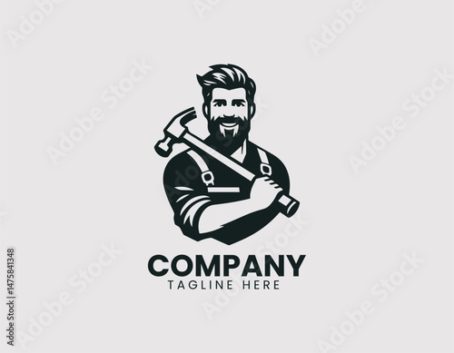 Smiling Young Carpenter Beard Holding Hammer on Shoulder Vector Logo Design, Friendly Young Repairman Beard Hammer on Shoulder Illustration Logo