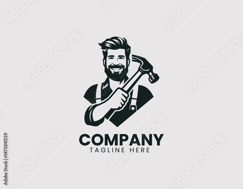 Smiling Young Carpenter Beard Holding Hammer on Shoulder Vector Logo Design, Friendly Young Repairman Beard Hammer on Shoulder Illustration Logo