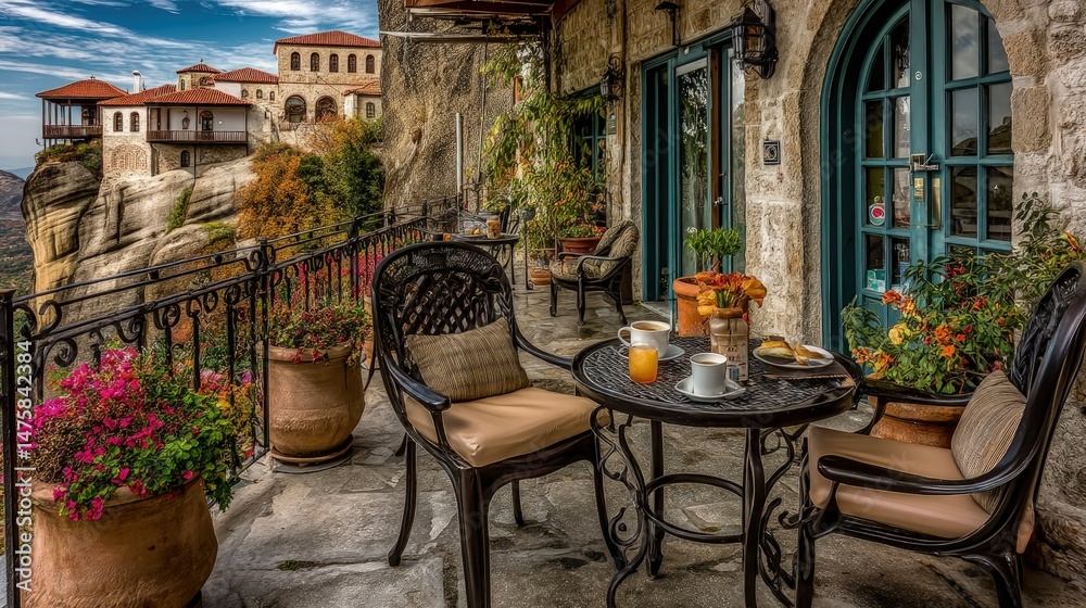 Fototapeta premium Romantic Breakfast on a Balcony Overlooking