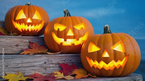 Festive group of carved pumpkins glowing for Halloween. Ideal for holiday themes, spooky visuals, and seasonal backgrounds. Jack-o'-lanterns.