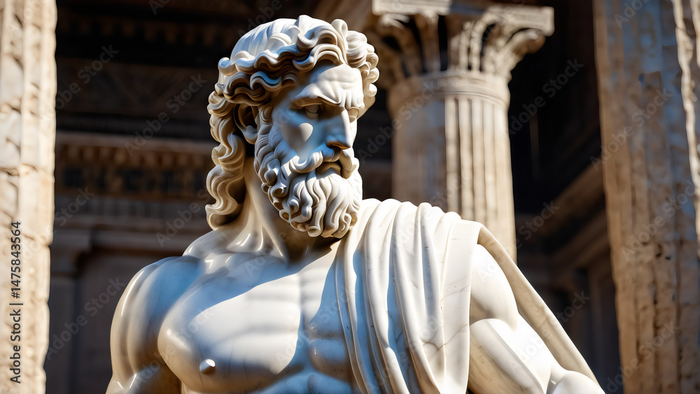 Obraz premium Marble Statue of a Meditating Warrior, Calm Expression and Draped Tunic in Ornate Stone Pavilion