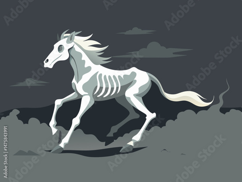 horse skeleton galloping in the fog 