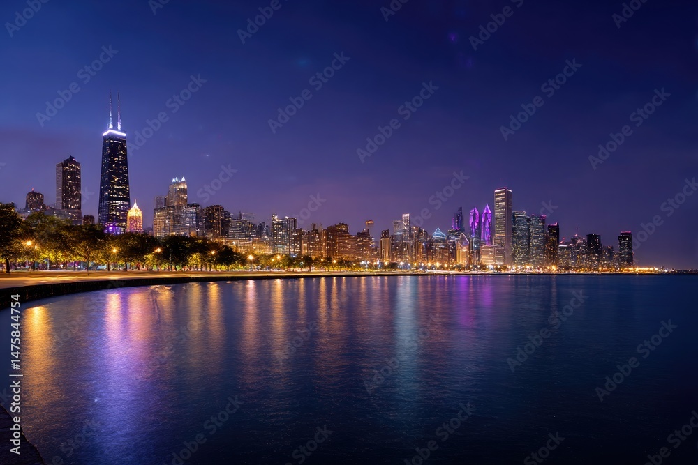 Obraz premium Chicago skyline at night, architecture reflecting lights in water, urban cityscape