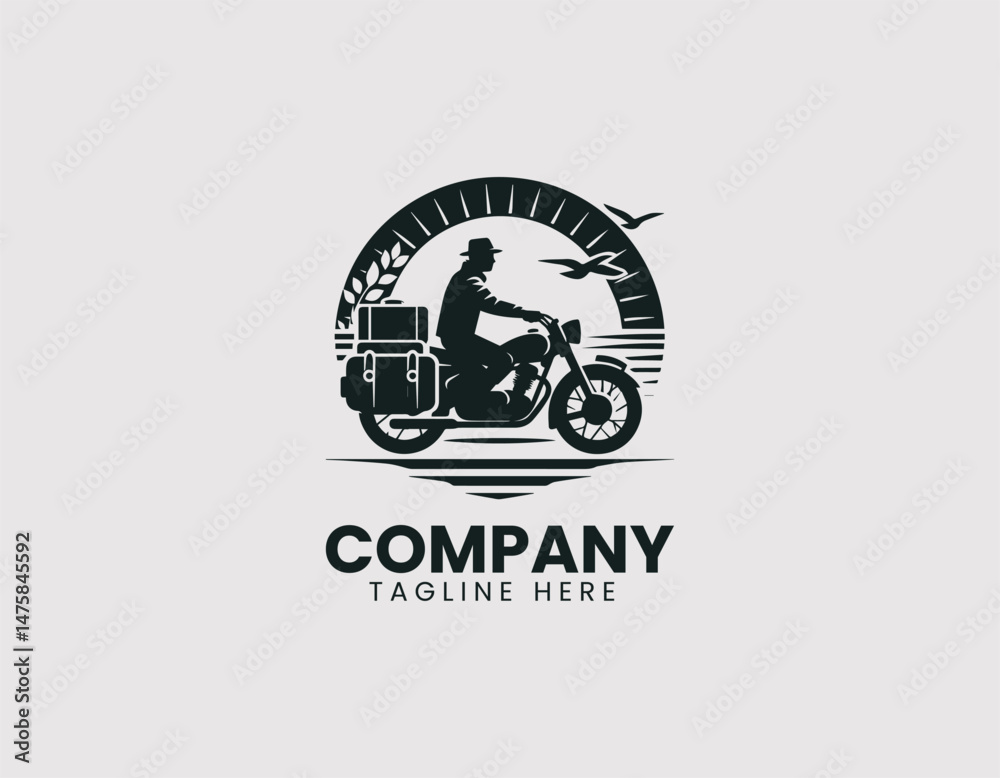 Fototapeta premium Adventure Motorcyclist with Luggage Setup Vector Logo Design, Touring Motorbike Rider with Luggage Vector Logo