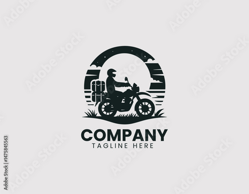 Adventure Motorcyclist with Luggage Setup Vector Logo Design, Touring Motorbike Rider with Luggage Vector Logo