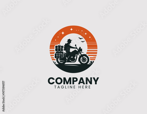 Adventure Motorcyclist with Luggage Setup Vector Logo Design, Touring Motorbike Rider with Luggage Vector Logo