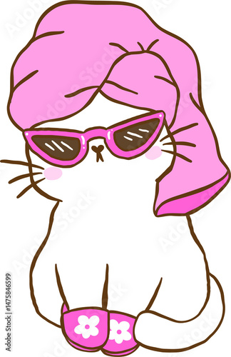 Cute Girly Self Care Cat Towel on Head Cartoon Doodle Hand Drawn with Positive Humorous