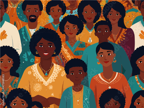 Happy African American Family Portrait Diverse People in Traditional Clothing Illustration