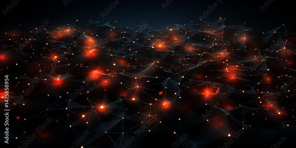Fototapeta premium Dark digital grid with glowing orange nodes connecting network abstract background, Perfect for futuristic tech visuals and data communication themes