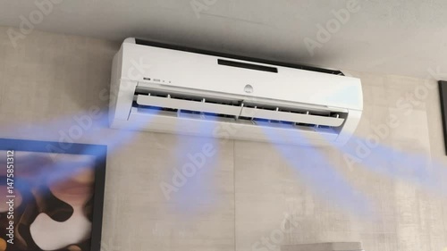 Air conditioner on a white wall. Ideal for technology visuals, home appliances, and modern living concepts. Cooling, indoor.