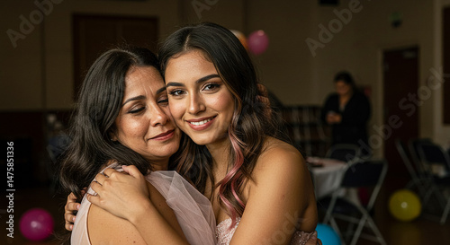 Daughter embracing mother at quinceanera party showing love and affection photo