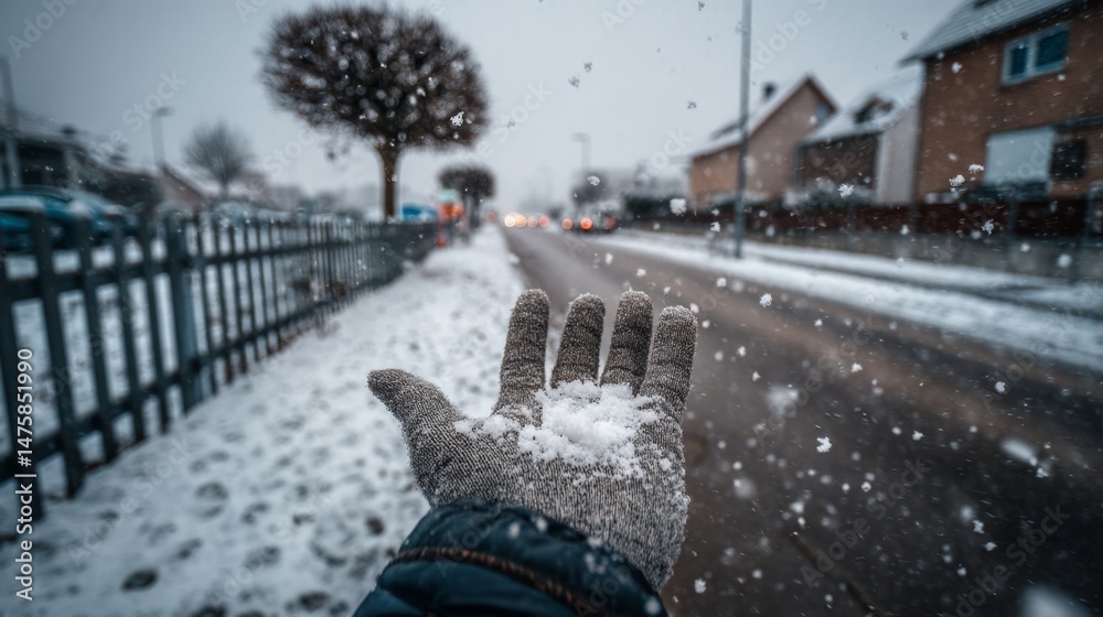 Hand Reaching Out to Catch Snowflakes in Winter Neighborhood Scene Hand Reaching Out to Catch Snowflakes in Winter Neighborhood Scene