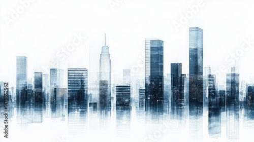 Wallpaper Mural Digital Futuristic Metropolis, BlueTinted Modern Skyscraper Skyline on White Backdrop Torontodigital.ca