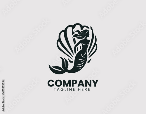 Mermaid Inside Pearl Shell Vector Logo Design, Mermaid in Pearl Oyster Shell Vector Logo, Beautiful Mermaid Inside Pearl Shell Illustration Logo