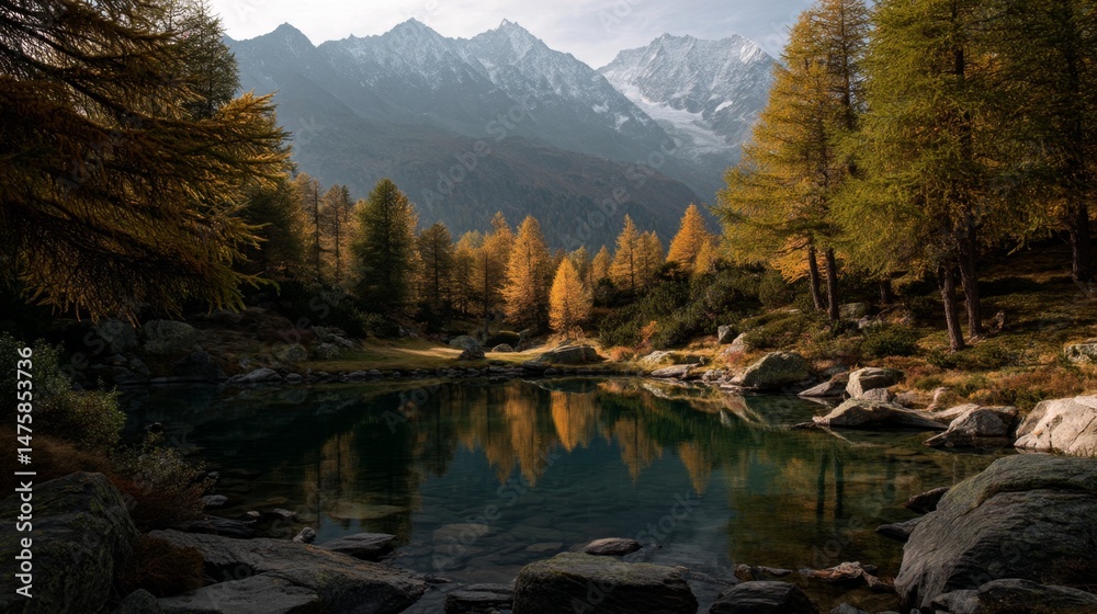 Naklejka premium Serene Mountain Lake with Autumn Foliage and Rocky Landscapes