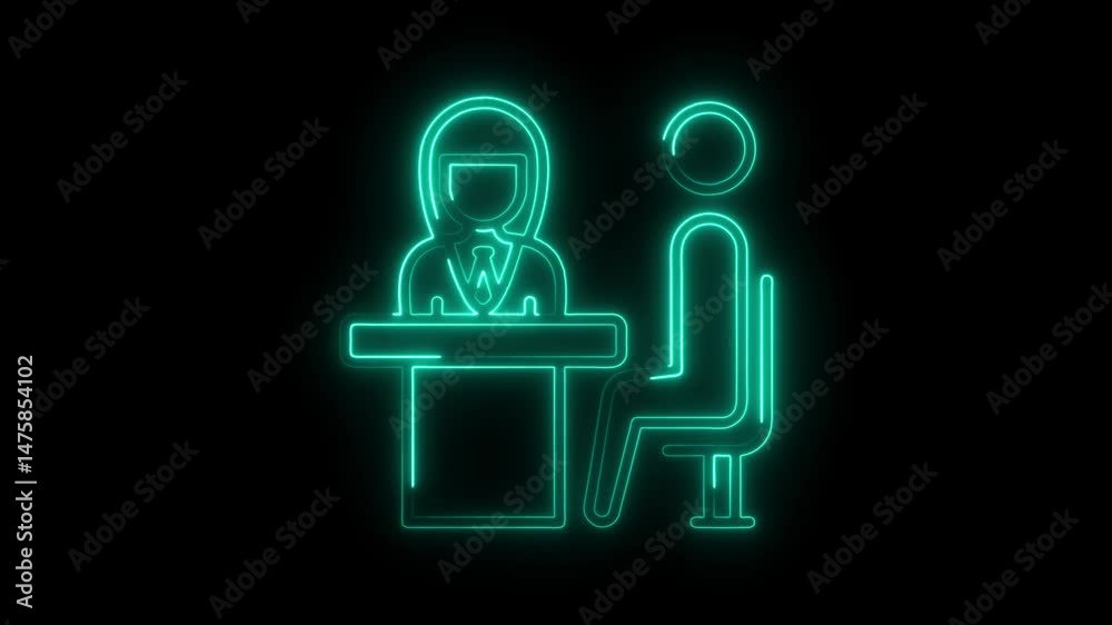 Glowing neon style job interview illustration animation on black background represents business and career concepts