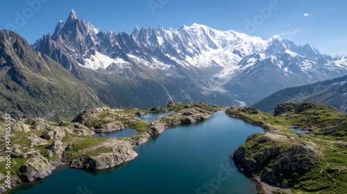 Majestic Mountain Range with Glacial Peaks and Tranquil Lake Scene