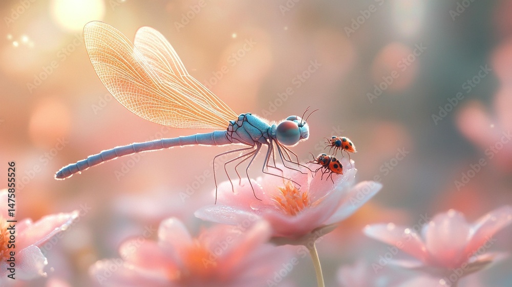 Dragonfly and Ladybugs on Flower