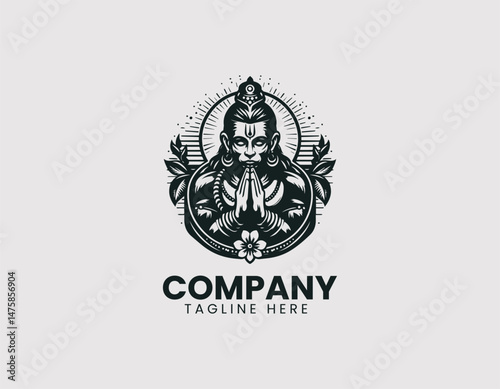 Hanuman Meditating Vector Logo Design, Lord Hanuman in Meditation Pose Vector Logo, Meditating Hindu God Hanuman Vector Logo