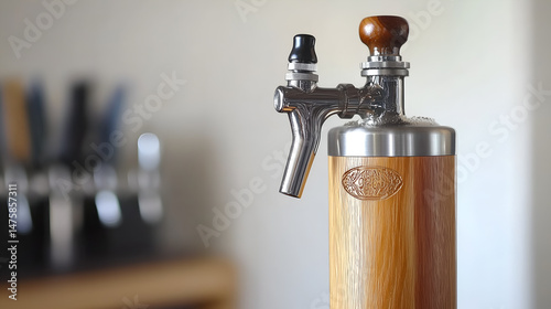 a close-up of a beer dispenser, with a wooden base and chrome tap. It's a stylish way to serve your favorite beer on tap 