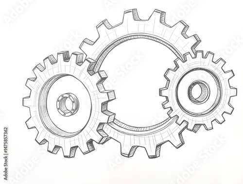 Three interlocking gears in a simple line sketch, highlighting mechanism and connection. Ideal for technical, industrial, and collaboration concept illustrations.