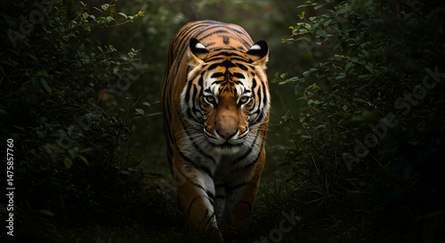 Majestic Tiger with Striking Eyes on the Hunt in Dense Jungle