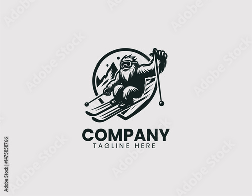 Yeti with Goggles Skiing Down Snowy Mountain Vector Logo Design, Skiing Yeti with Goggles Snowy Mountain Vector Logo