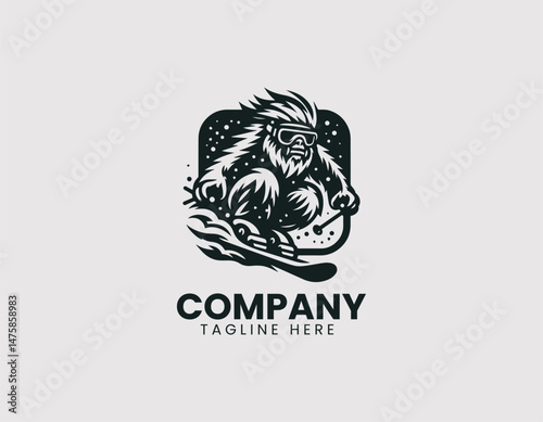 Yeti with Goggles Skiing Down Snowy Mountain Vector Logo Design, Skiing Yeti with Goggles Snowy Mountain Vector Logo