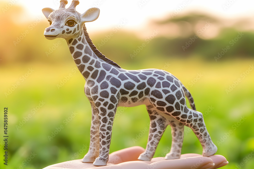 Obraz premium Adorable baby giraffe figurine held in a hand against a sun-drenched green field background. Perfect for children's books, websites, or nature-themed projects.